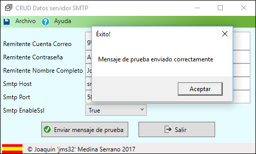 Mensaje de correo de pruebas enviado sin problemas