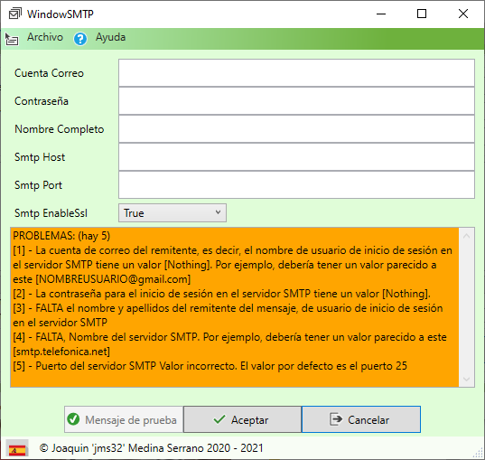 Dialogo para la configuracion del servidor SMTP